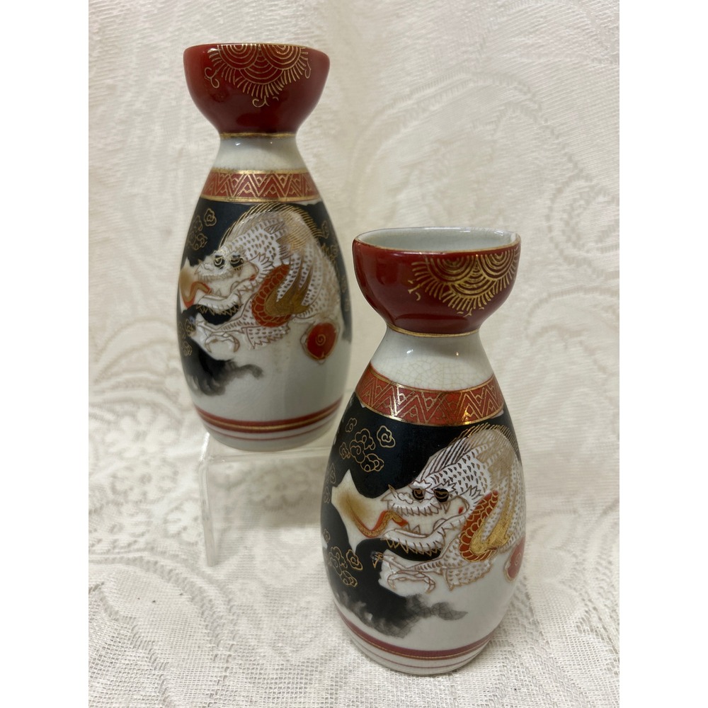 Vintage Japanese Kutani Sake Bottle Set Dragon Moriage Crackle Glaze Red Gold 5"